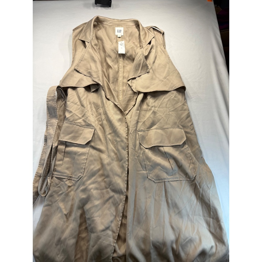 Gap Womens Duster Trench Vest XXL Khaki Tan Sleeveless Long Belted Jacket NWT